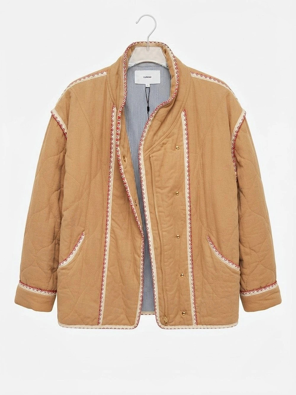 Quilted Tan Jacket with Red Trim, and Blue & White Striped Lining Sz T1 / Small